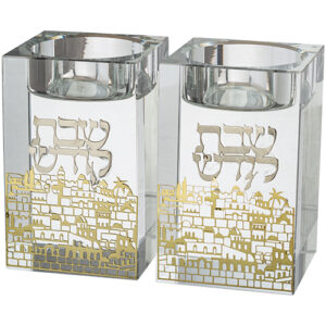 זוג פמוטי קריסטל עם פלקטה "נוף ירושלים" 8 ס"מ