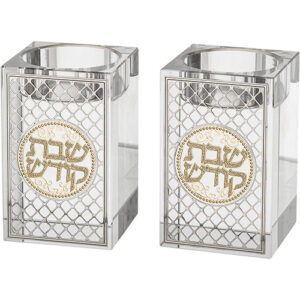 זוג פמוטי קריסטל מרובע עם פלקטה "עיטור" 8 ס"מ