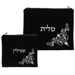סט טלית תפילין קטיפה כחול כהה עם ריקמה 36X2