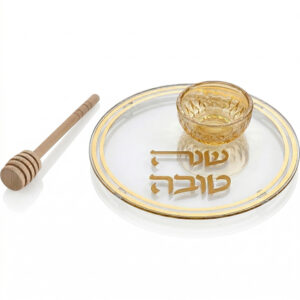 צלחת זכוכית לדבש עם הדפסה זהב 19 ס"מ